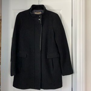 Banana Republic black wool blend coat with black leather trim.